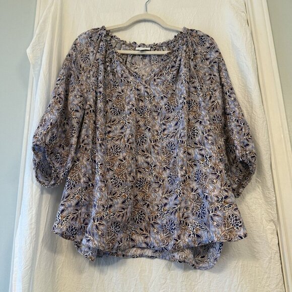 J Jill Linen Tunic Top Womens Medium Purple Floral Peasant Lace look Boho Blouse - Picture 5 of 16